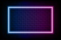 Color rectangle neon frame. Glowing neon light in rectangle shape. Colored bright sign at brick wall background.
